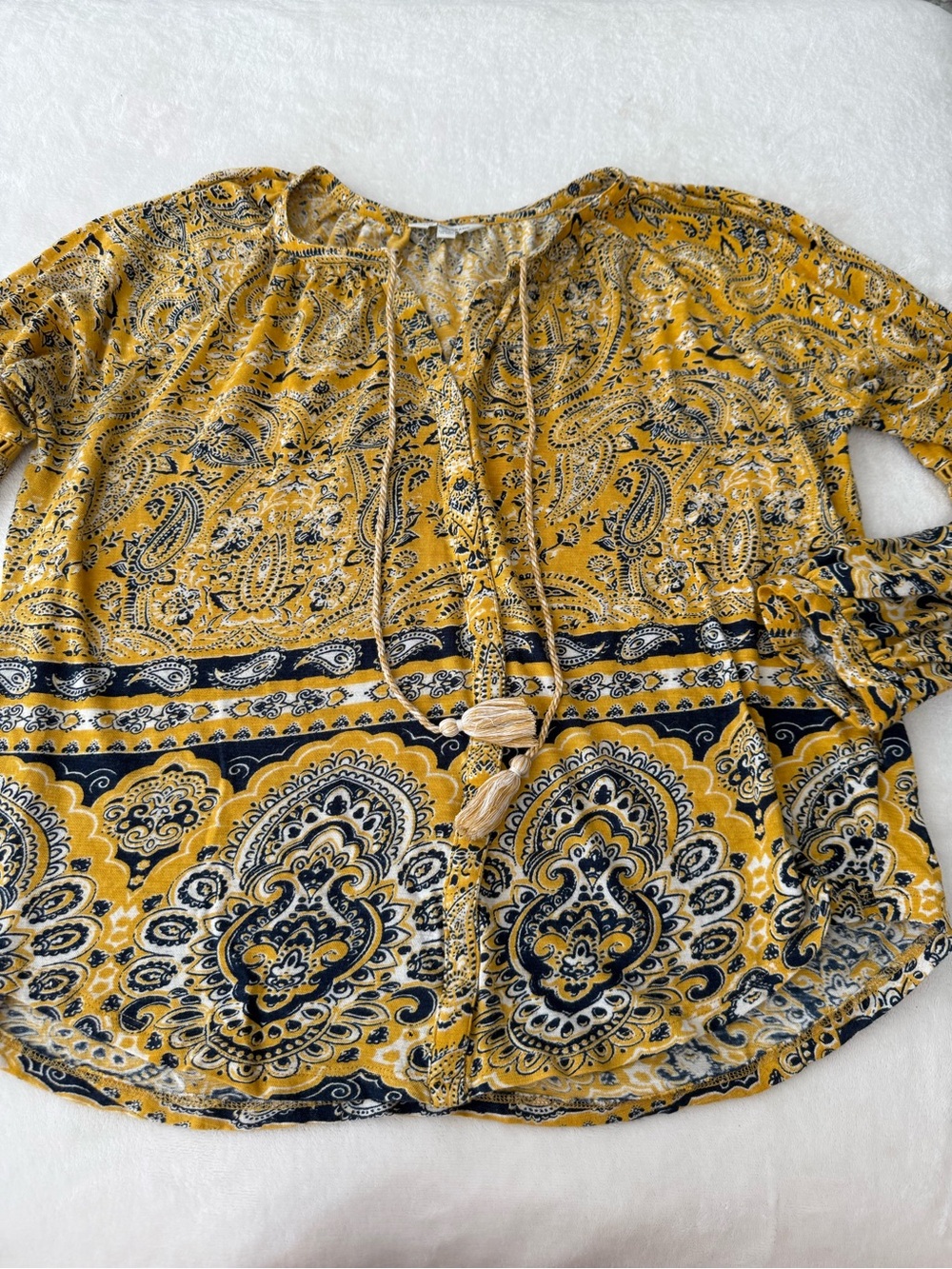 Lucky Brand yellow-and-navy paisley peasant blouse Boho Large D87